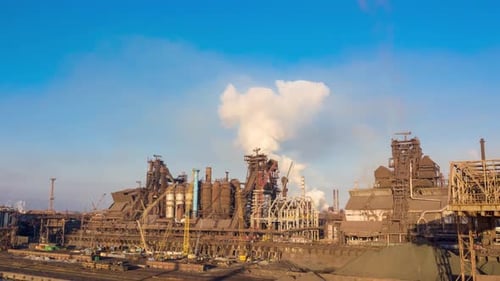 Timelapse Hyperlapse. Aerial View. Metallurgical Production, Operation of Blast Furnaces