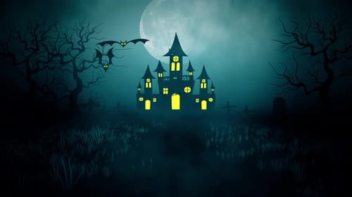 Halloween Spooky Castle Night with Flying Bats Animation