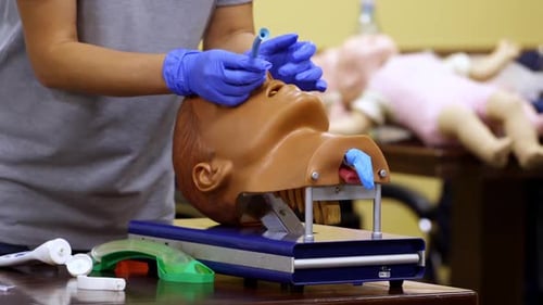 Medical Professional Practicing Intubation on Mannequin