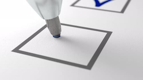 Close-up of Blue Ball Pen Writing Blue Check Mark on White Checklist