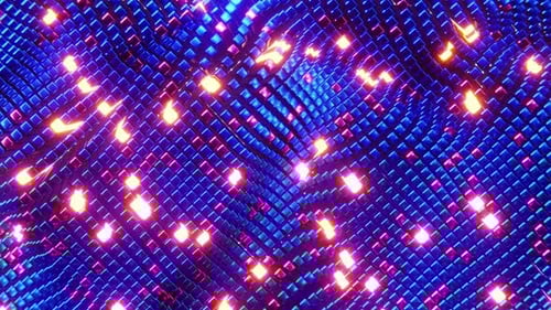 Animated wave moving structure of blue cubes with glare and radiance