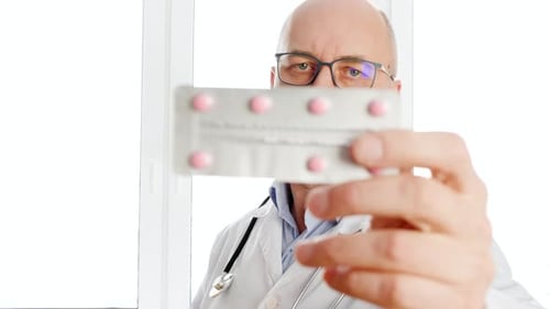 Doctor Holding Tablet Blister Front Camera Close Up. Male Pharmacist Showing Drug Pills To Camera in