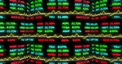 Animation of stock market display with stock market tickers and graphs 4k