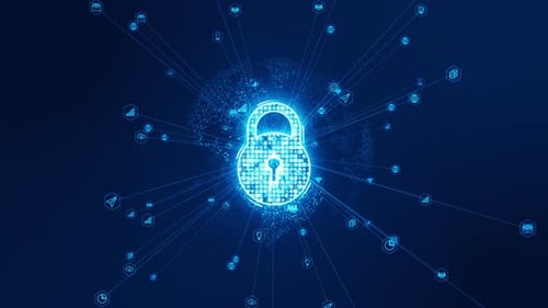 Llave de seguridad digital azul con conexión de línea, tecnología futurista, fondo abstracto