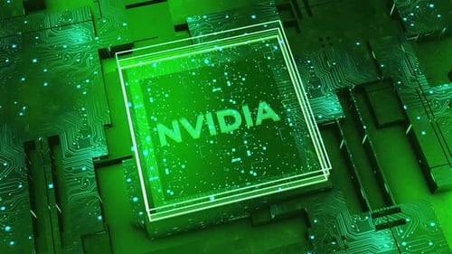 Green abstract chip with the name of technology company