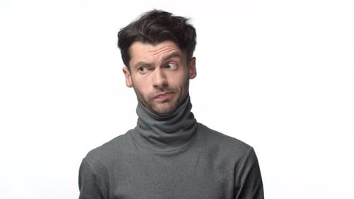 Slowmotion Troubled Tensed Handsome Caucasian Male with Bristle Exhale Tired with Perplexed