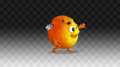 Animated Fluffy Monster Character with Bat Wings Waving Happy