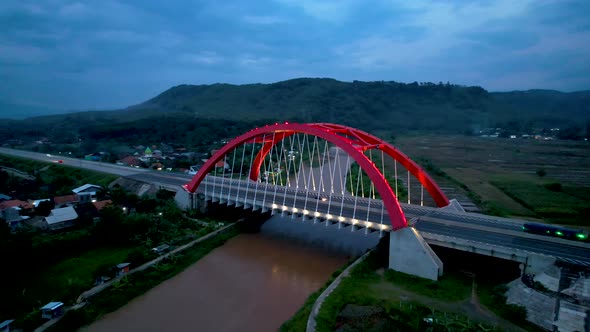 Aerial view of the Kalikuto Bridge, an Iconic Red Bridge at Trans Java ...