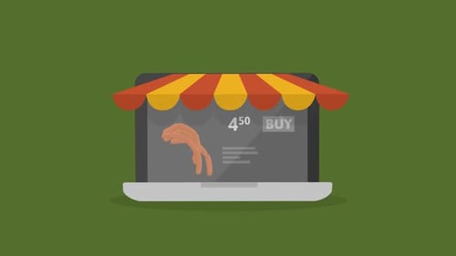 Cartoon animation showing online food ordering process. using a laptop