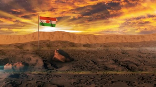 Waving Niger Flag on a Moon-like Surface with Sun Rays