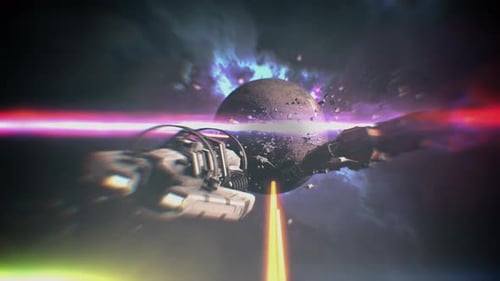 Battleship at war in cosmos. Spaceship attacks space station. Spacecraft explodes. Space battle