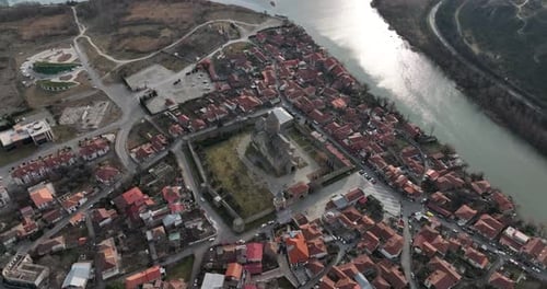 Aerial view of Orthodox Svetitskhoveli Cathedral in Mtskheta, Georgia