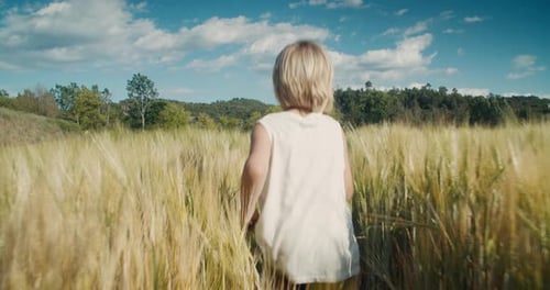 Carefree Child Boy Run Through Wheat Field on Summer Vacation at Village
