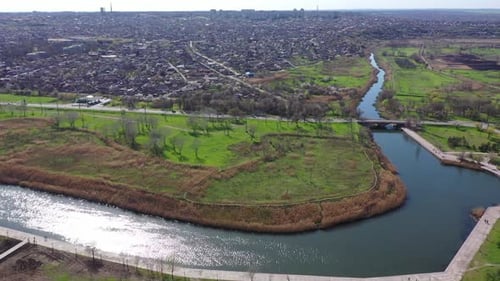 Aerial view of the river. You can see the bridge over the river