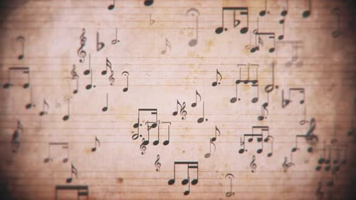 Vintage Musical Notes Flowing on Aged Sheet Music Background