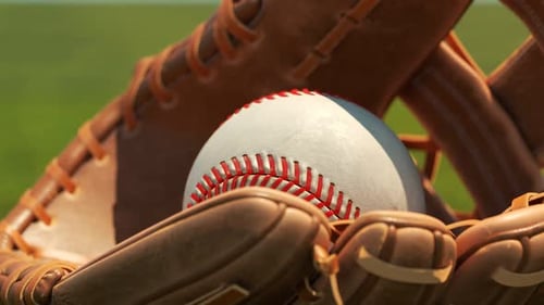 Vintage leather baseball glove with a ball lying down on a fresh stadium grass.