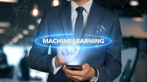 Businessman Smartphone Hologram Word Machine Learning