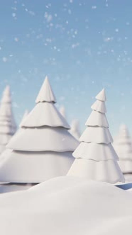 Vertical loop Animation. Snowflakes falling in a frozen forest with pine trees. Winter background.