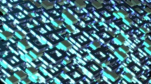 Pulsating Digital Grid of Glowing Geometric Shapes