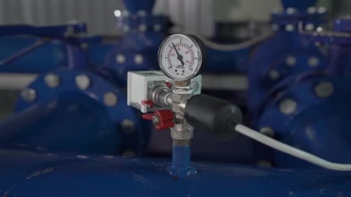 Pressure Gauge Attached to Blue Pipes in Factory