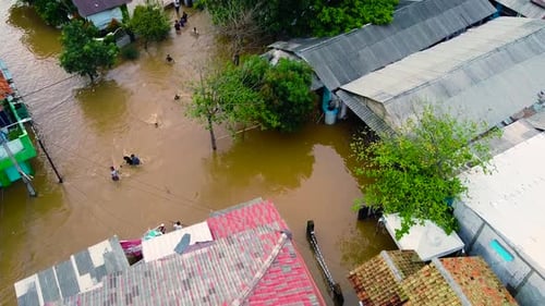 Aerial POV view Depiction of flooding. devastation wrought after massive natural disasters