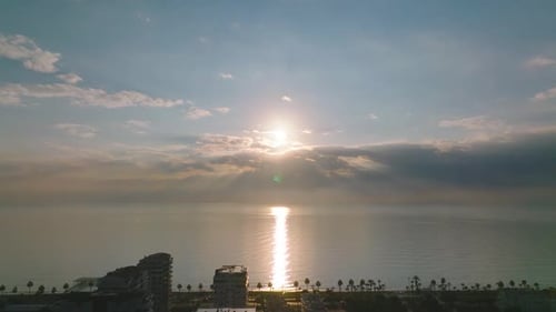 Sunset Over the Sea Flew Away Aerial View 4 K
