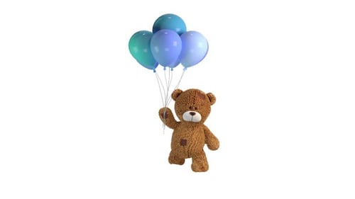 Cute Animated Teddy Bear Floating with Blue Balloons