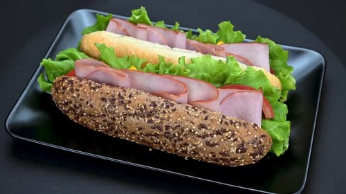 Tasty sandwiches rotating on dark background, close up