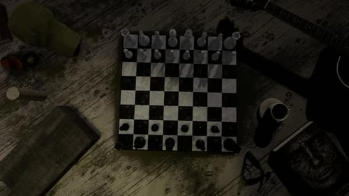 Dramatic Overhead Scene Reveal with Chessboard and Guitar
