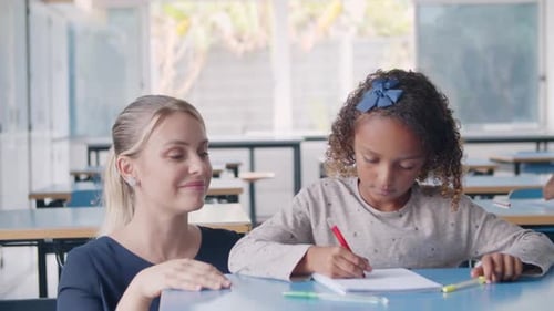 Friendly Female School Teacher Giving Help To Black Schoolgirl