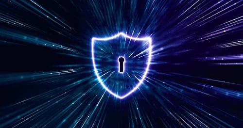 Data Protection And Cyber security Concept. Shield With Keyhole icon on digital data.