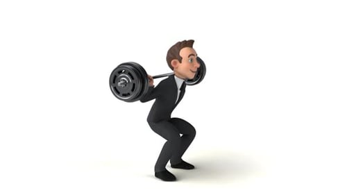 Cartoon Businessman Squatting with Barbell for Strength and Fitness