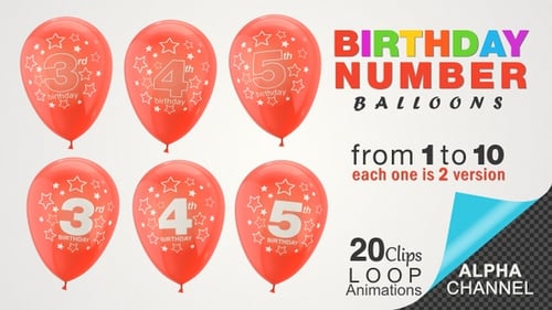 Animated Red Birthday Balloons with Numbers and Stars