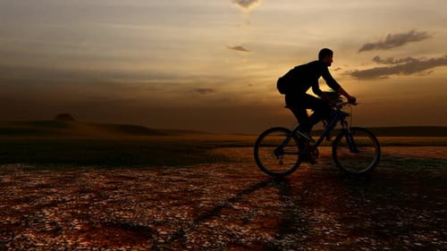 Junger Mann auf Fahrrad mit Blick auf den Sonnenuntergang