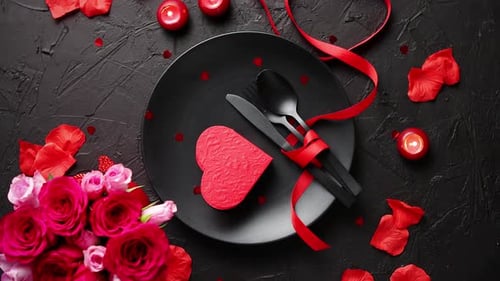 Romantic Dinner Setting with Heart Shaped Dessert