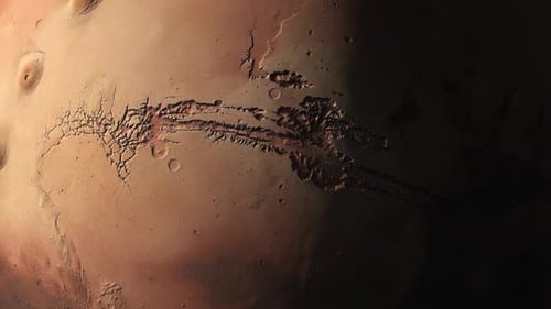 Mars Planet Rotation and Surface Flyover with Day-Night Cycle