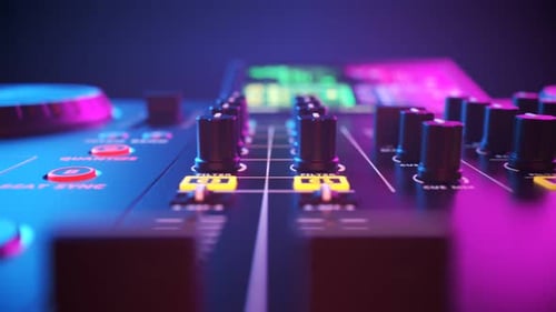 DJ Set in an endless looping animation. Electro music equipment in a club lights