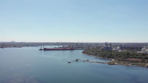 Aerial view of Chernomorsky Port, Black Sea, Black Sea port with cargo ship is moored in port