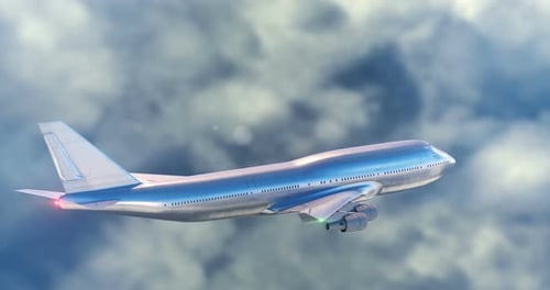 Großes Passagierflugzeug mit in Wolken fliegenden Navigationslichtern