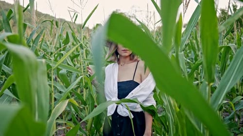 Portrait of Pretty Young Woman in Stylish Linen Dress and Straw Hat Walking Between Green Corn