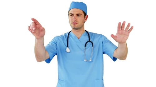 {Surgeon pretending to be using futuristic digital screen
