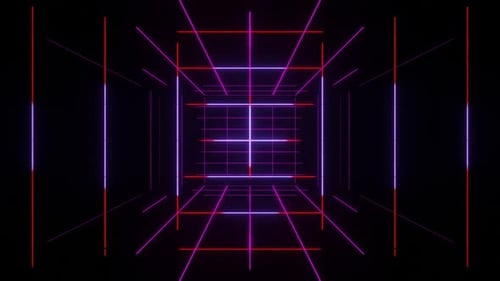 Endless futuristic space tunnel with neon lights. Multicolored motion graphics
