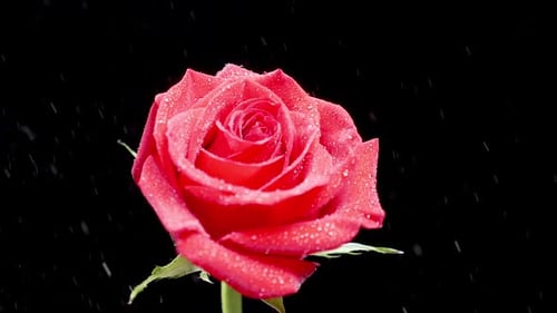 Wassertropfen fallen von der Seite einer schönen roten Rose auf schwarzem Hintergrund
