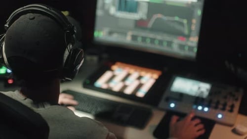 Sound Engineer Seen Seated From Behind Uses the Computer to Mix Audio Music