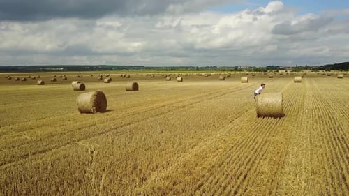 Child Boy In The Field. Child boy in the field against straw bales