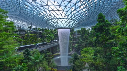 Time lapse Waterfall at Shopping mall Jewel in Changi Airport.
