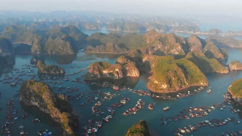 Aerial: Sunset Clear Sky at Cat Ba Island and Lan Ha Bay, the Biggest Island in Ha Long Bay, Vietnam