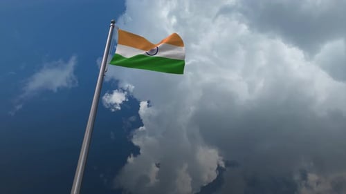 Realistic India Flag Waving in Cloudy Blue Sky