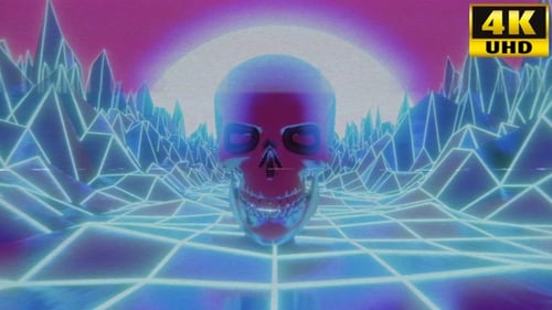 Retro Neon Skull Grid Futuristic Landscape Animation