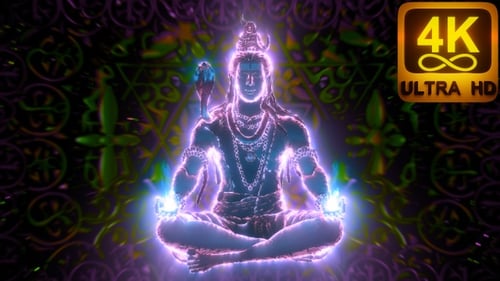 Glowing Shiva Hindu God With Ancient symbols Background 3D Trippy Vj loop Rotating Colorful Texture